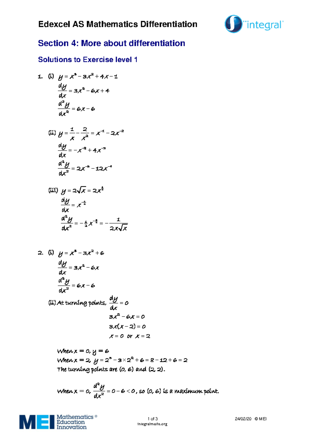 Edexcel AS Maths Differentiation Level 1 Exercise Solutions - Studocu