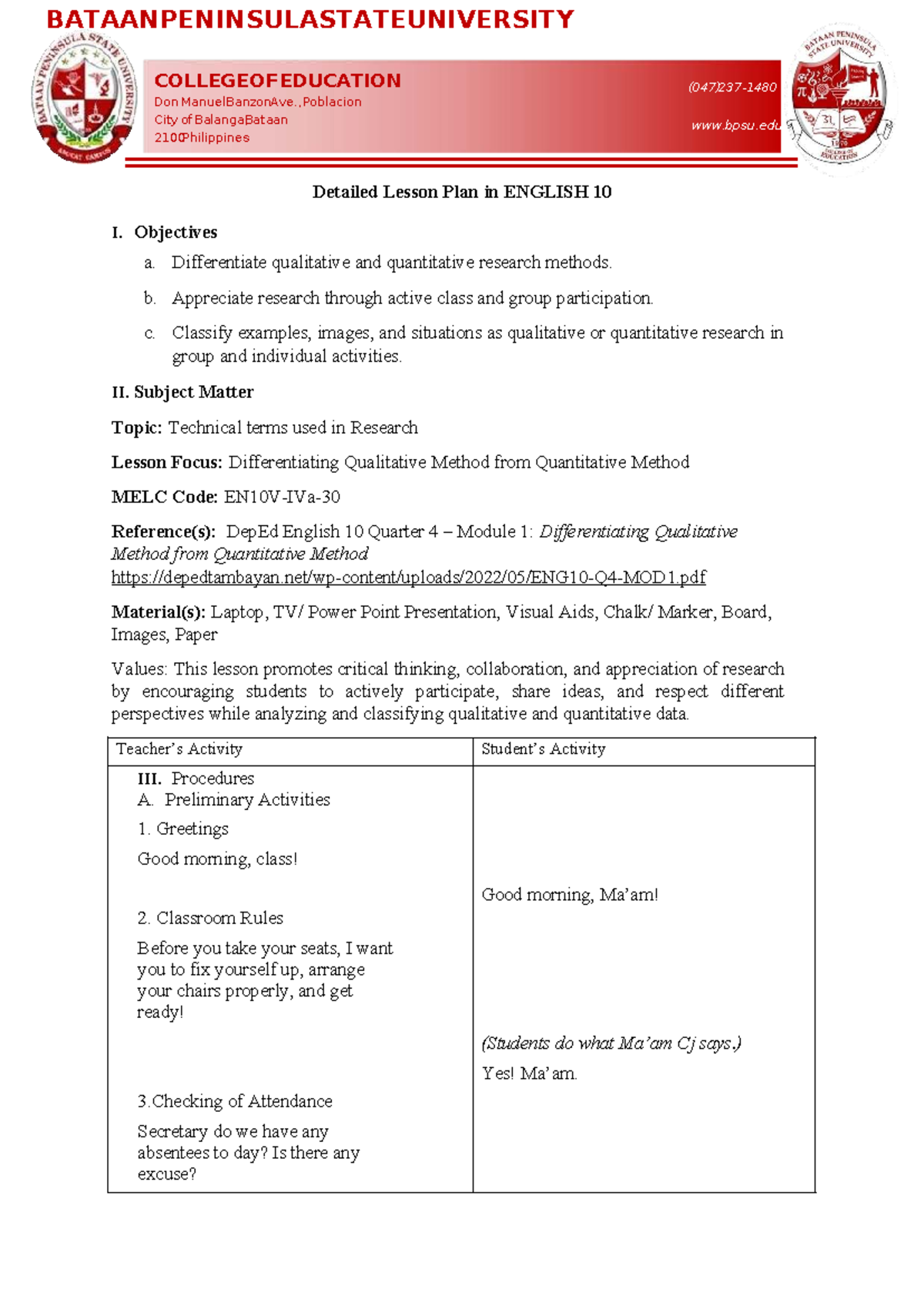 Detailed Lesson Plan in ENGLISH 10: Qualitative vs Quantitative Methods ...