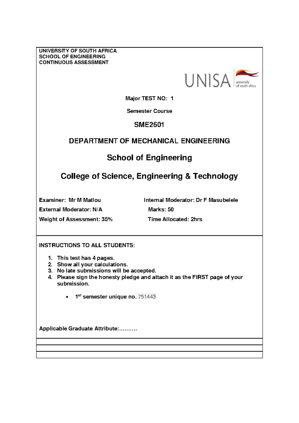 SME2601 Major Test 1 - Mechanical Engineering (June-July 2021) - Studocu