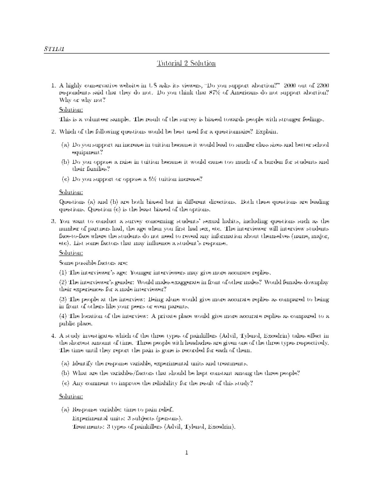 ST1131 Tutorial 2 Solutions: Survey Methods & Data Analysis - Studocu