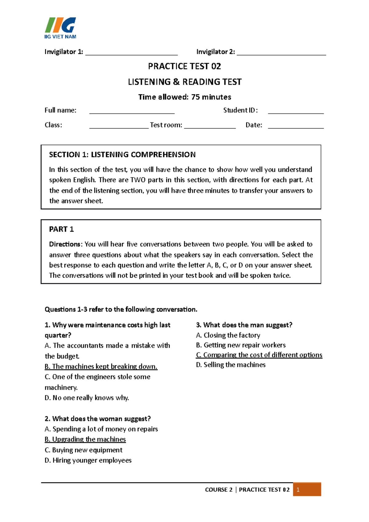 C2 Midterm Practice Test 02 - Invigilator 1 ...