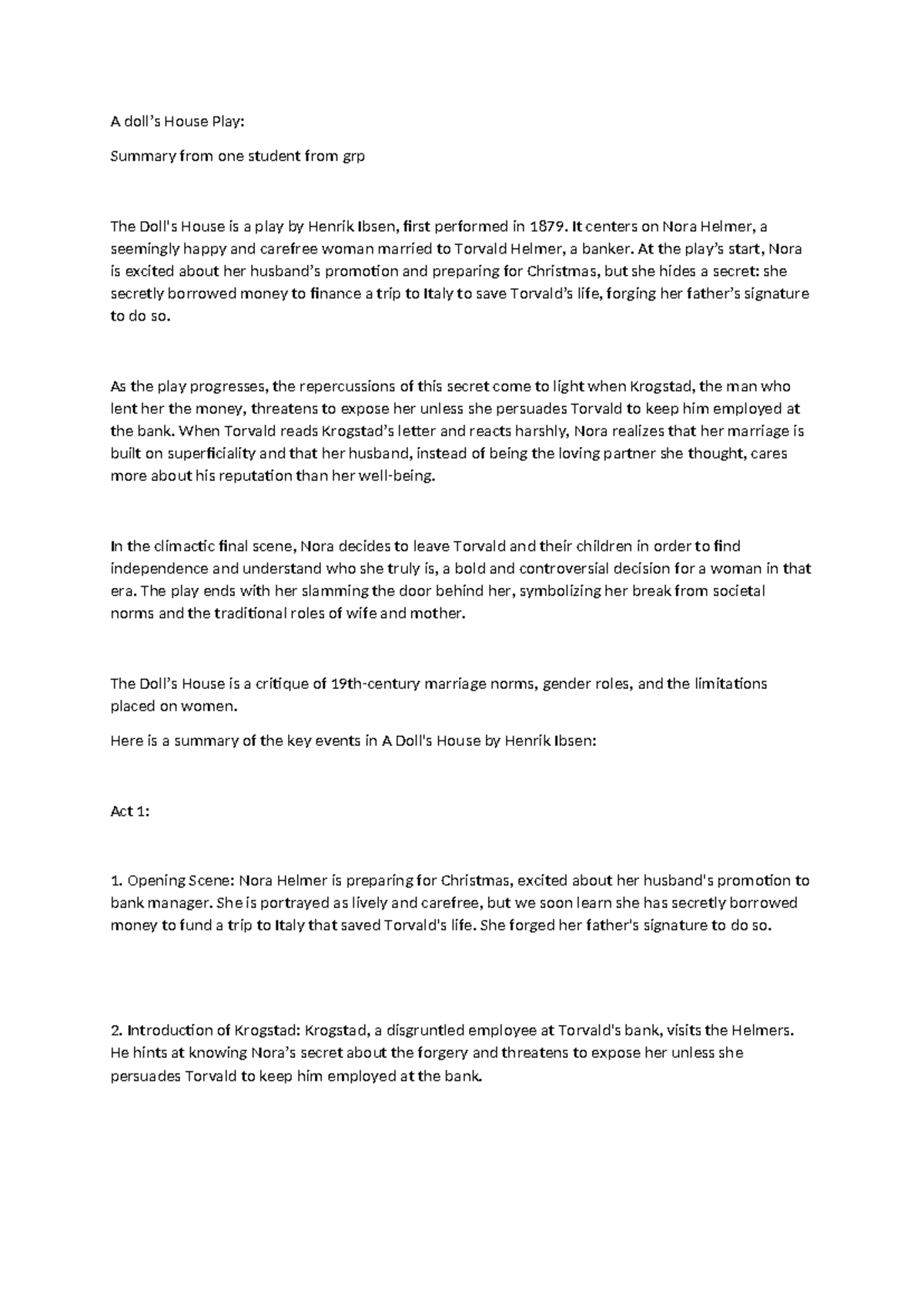 A Doll's House (ENG 101): Key Themes and Summary Analysis - Studocu