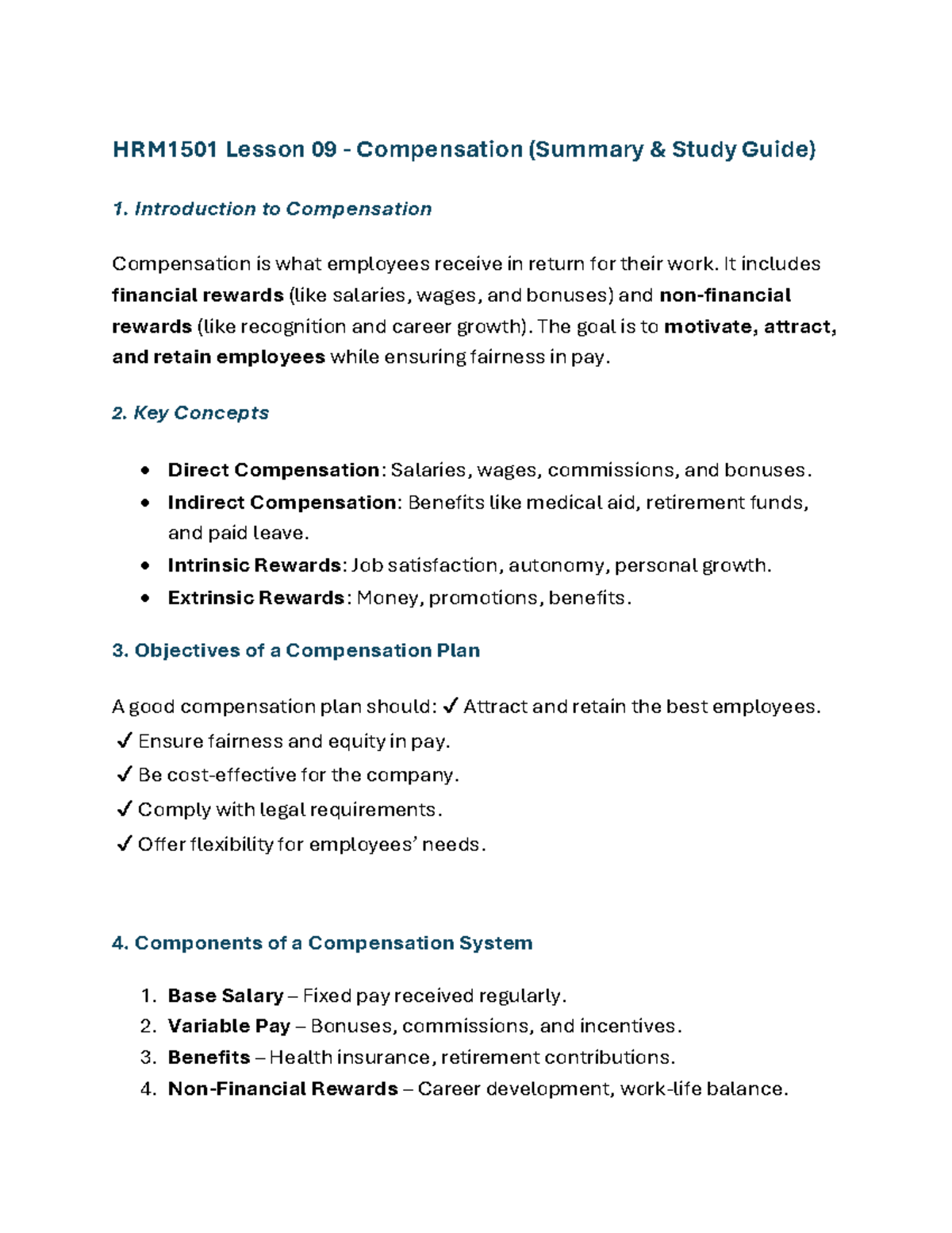 Lesson 9 - LECTURE NOTES - HRM1501 Lesson 09 - Compensation (Summary ...
