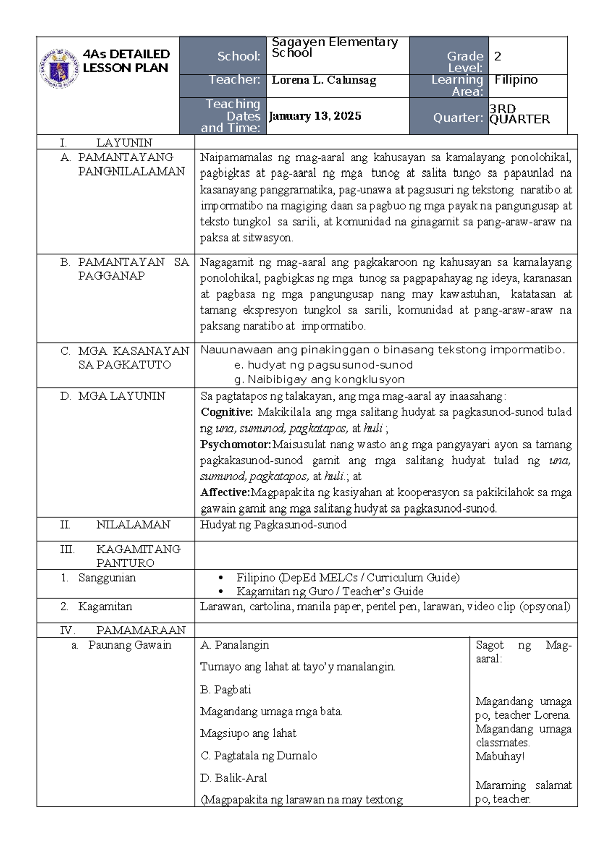 Filipino 4As Detailed Lesson Plan for Grade 2 - 2026 - Studocu