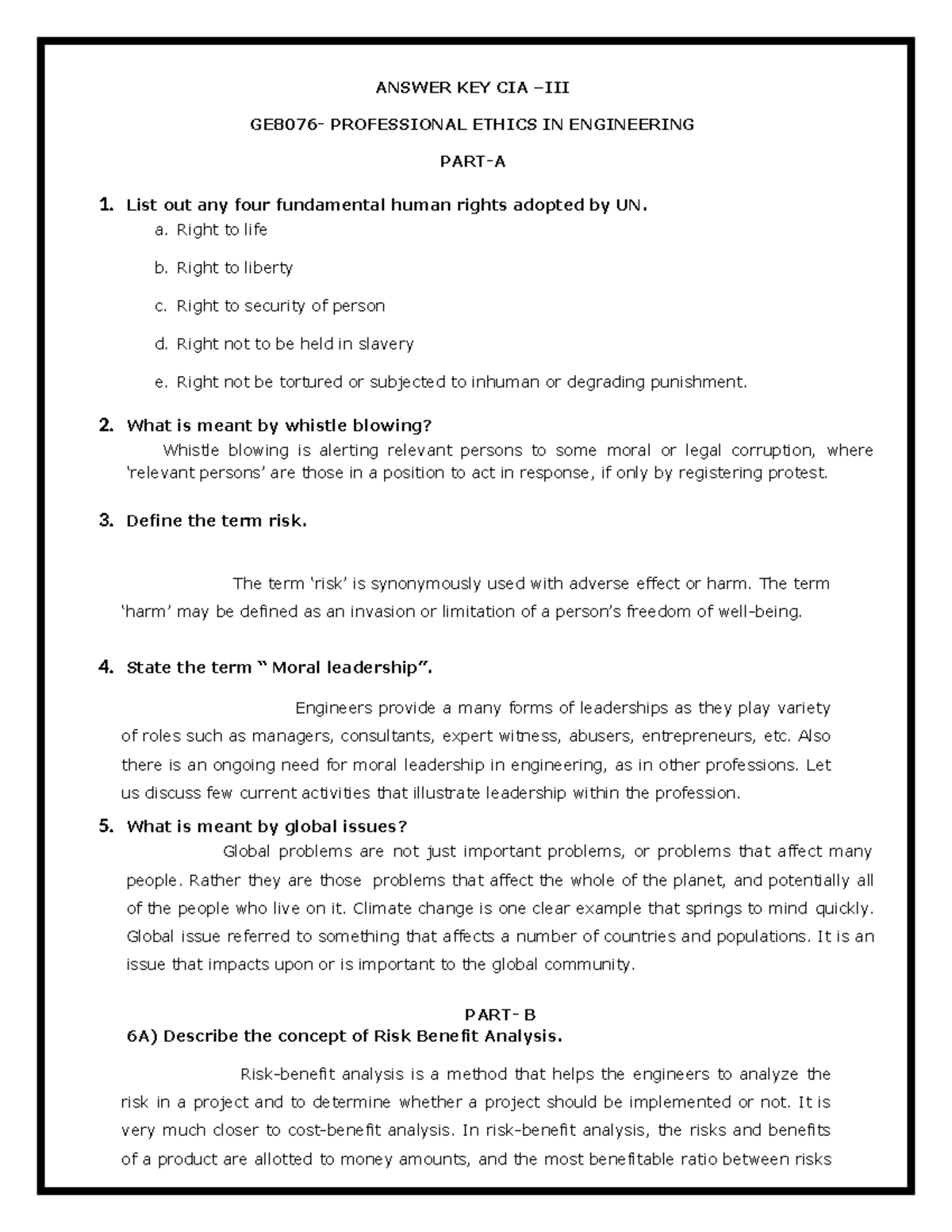 **PEE GE8076 Final Exam Answer Key - Professional Ethics in Engineering ...