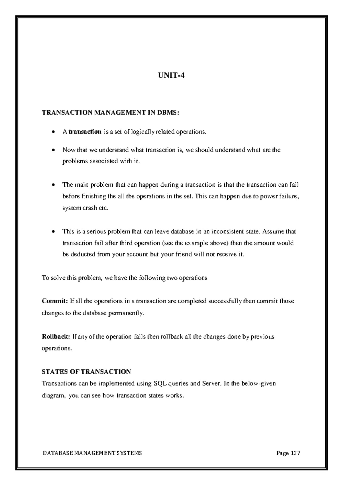 DBMS 4th Unit: Transaction Management & Serializability Notes - Studocu