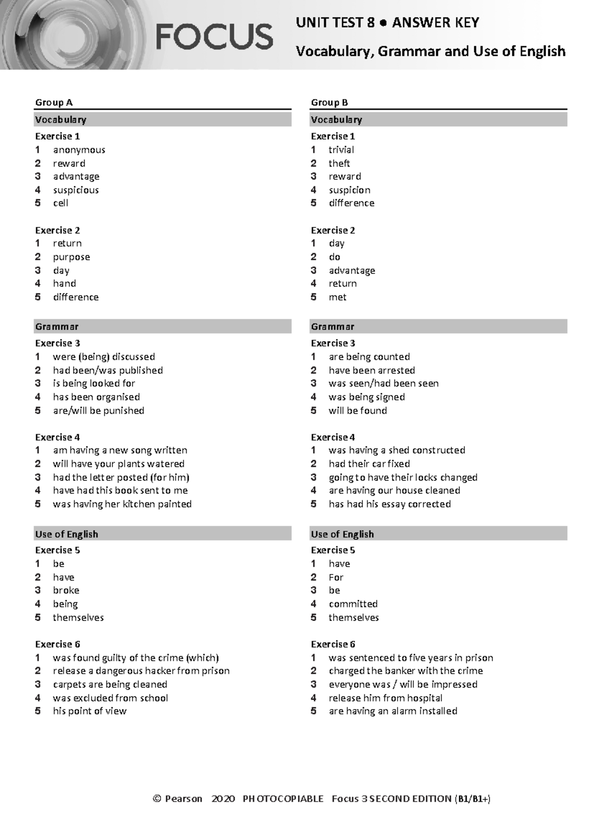 Focus 3 2E Unit Test 8 Answers: Vocabulary & Grammar Key - Studocu