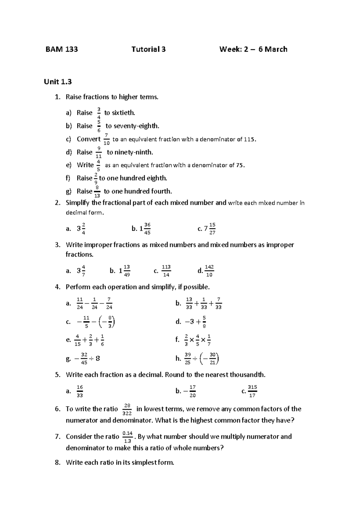 BAM 133 Tutorial 3 Worksheet: Raising Fractions & Simplifying Ratios ...