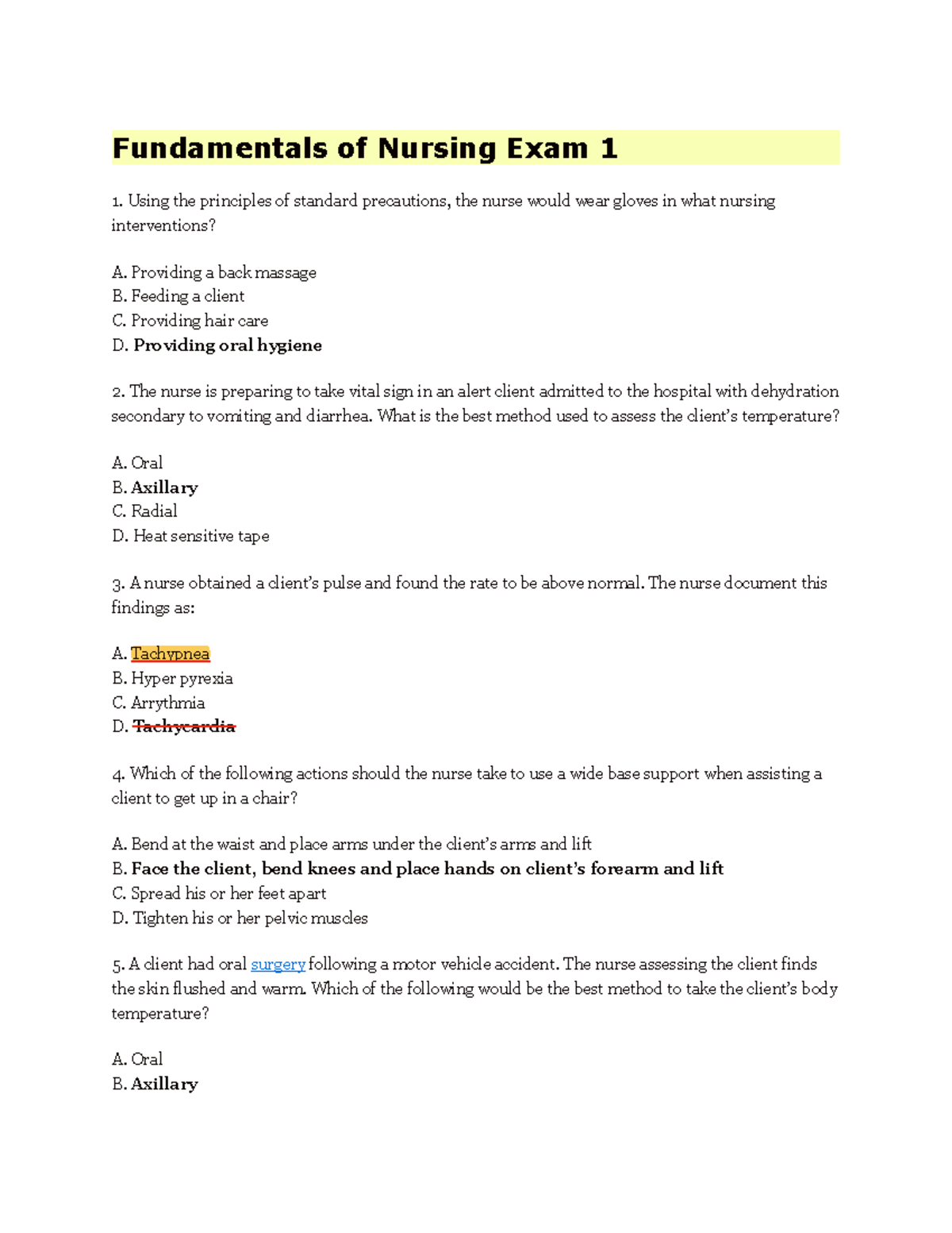 Fundamentals of Nursing Exam 1 Review with Answers and Rationale - Studocu