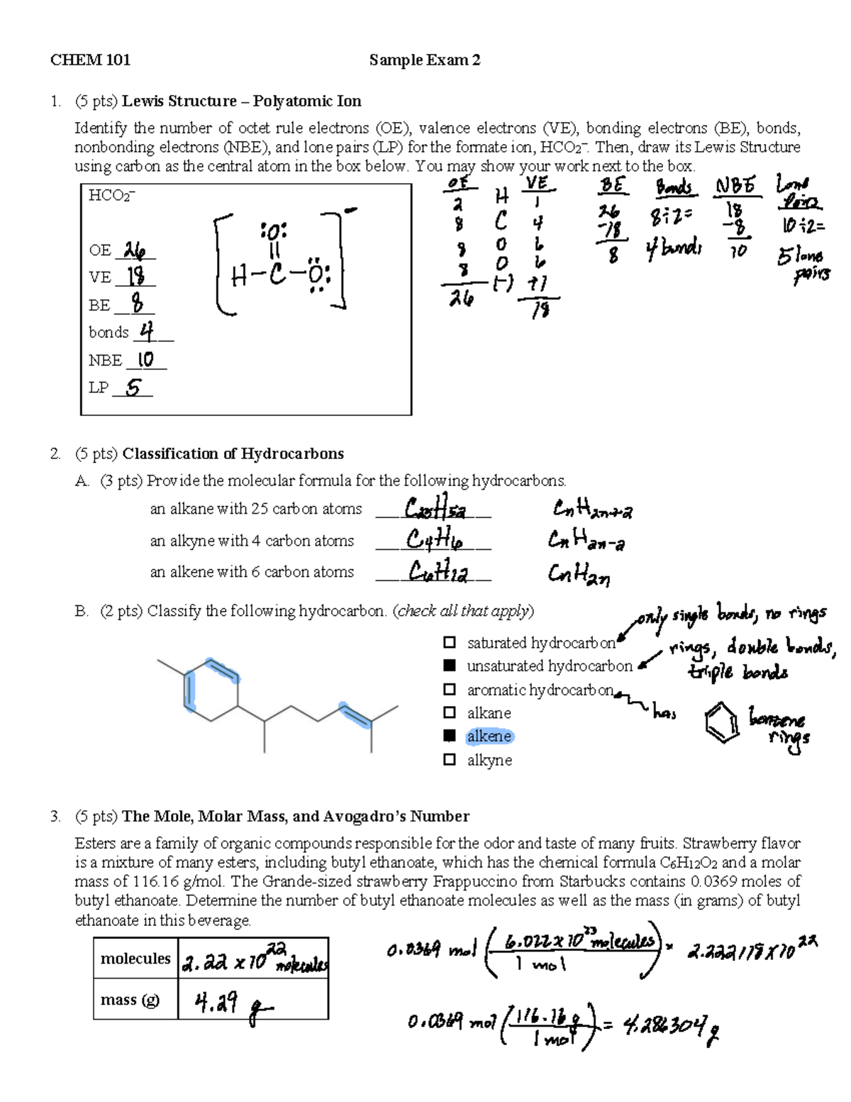 CHEM 101 Sample Exam 2 - Fall 2023: Comprehensive Review Guide - Studocu