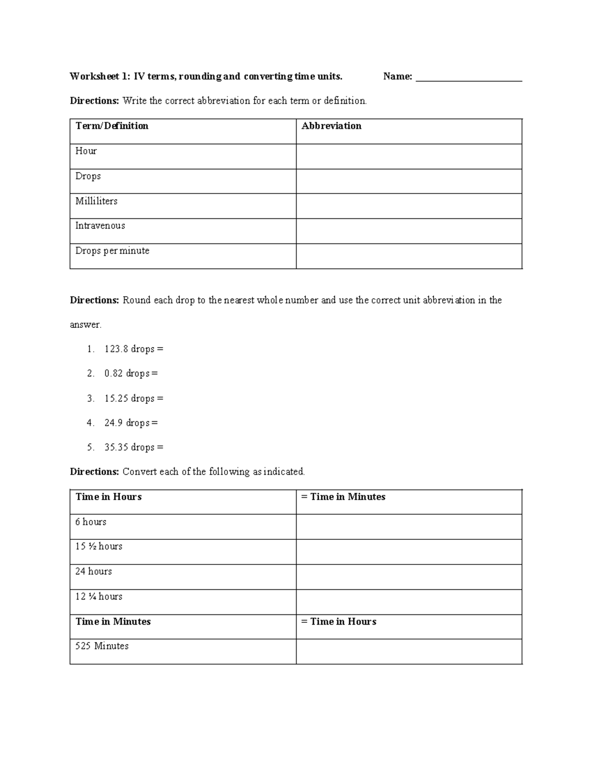 IV Flow Rate Calculations & Exercises Worksheet - Studocu