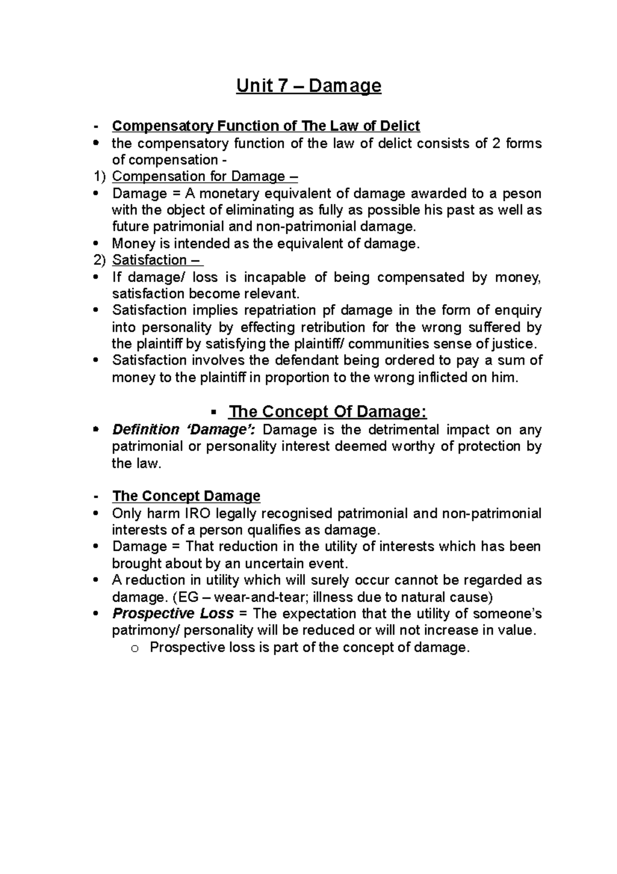 LDEL - Unit 7 Summary: Understanding Damage in the Law of Delict - Studocu