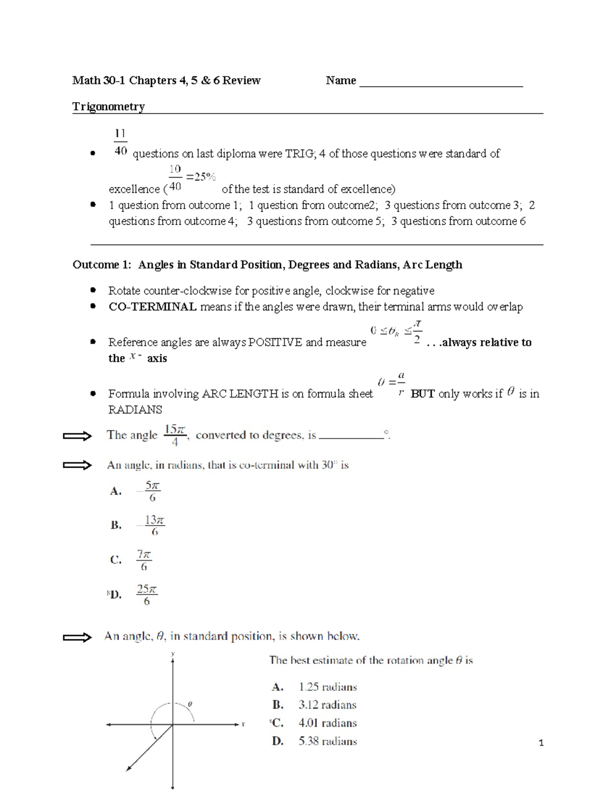 Trig Final Review - Notes - Math 30-1 Chapters 4, 5 & 6 Review Name