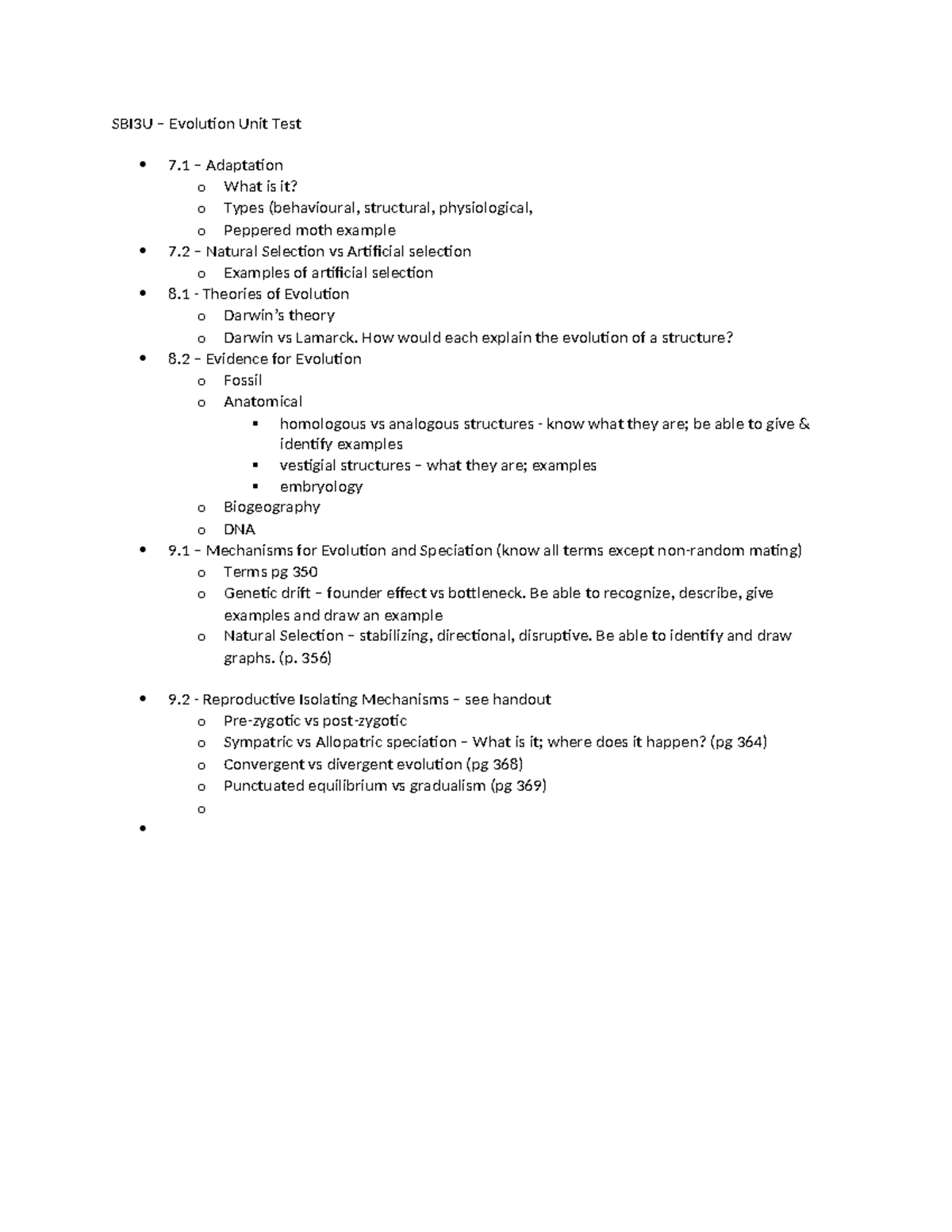 SBI3U Evolution Unit Test: Key Concepts and Mechanisms Explained - Studocu