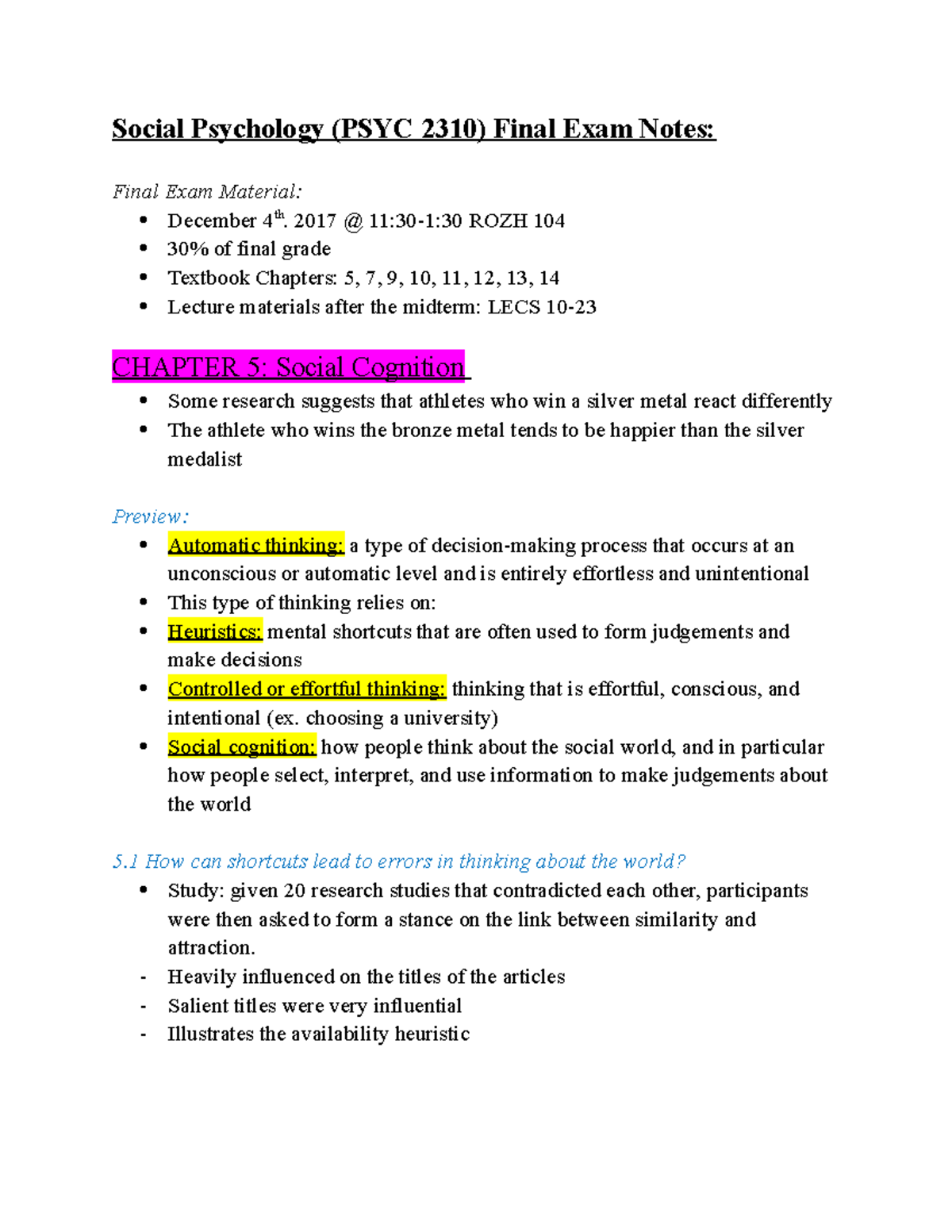 FINAL Exam December 2018, answers - Social Psychology (PSYC 2310) Final ...