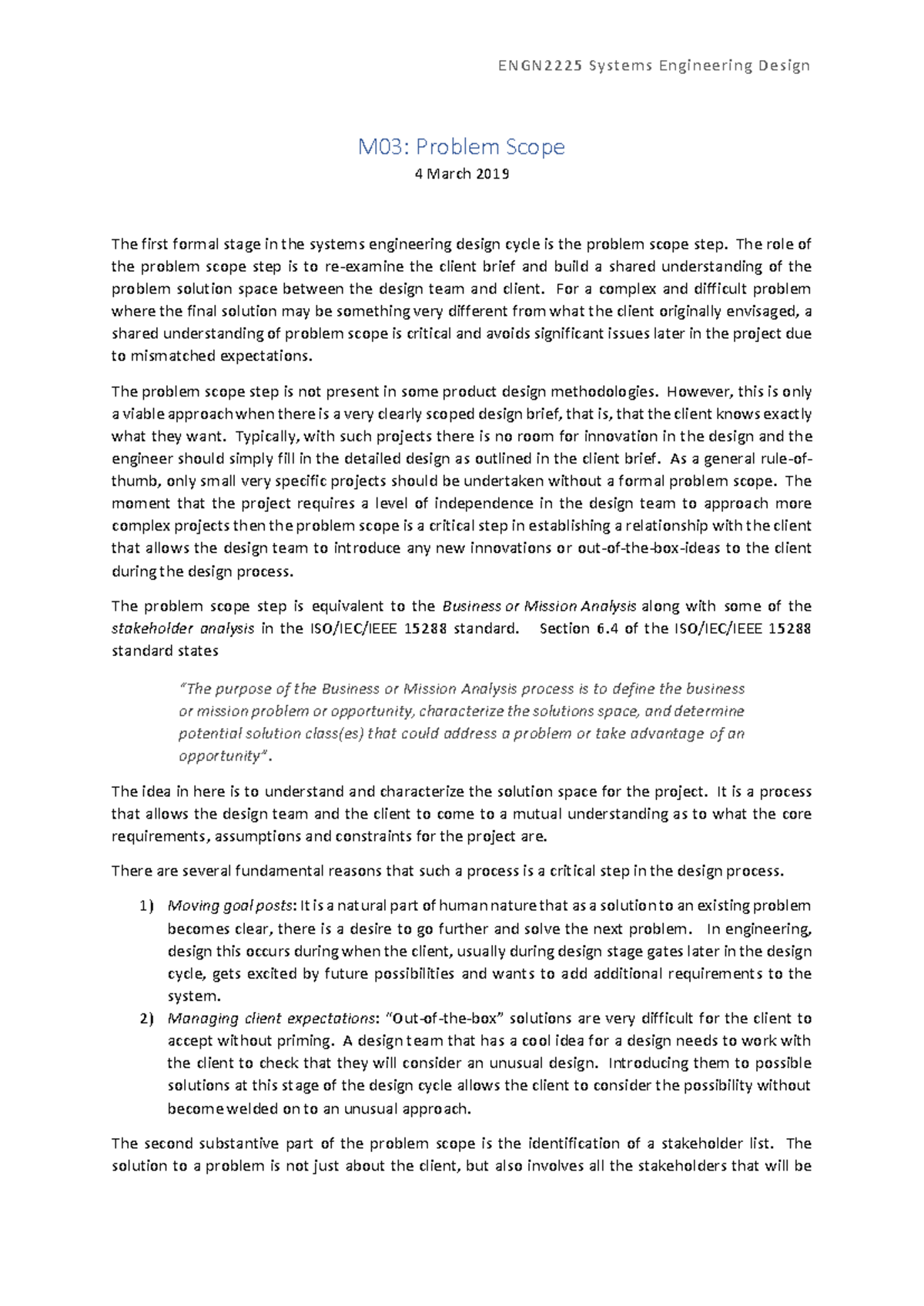 M03 Problem Scope 2019 v11 - ENGN2225 Systems Engineering Design M03 ...