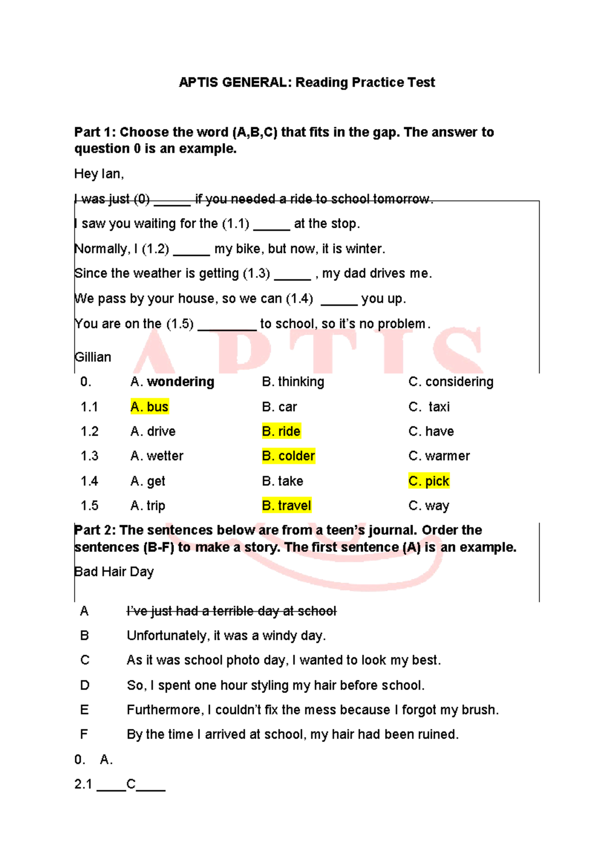 APTIS GENERAL: Reading Practice Test Part 1 & 2 - Mơ Vũ (0919738956 ...
