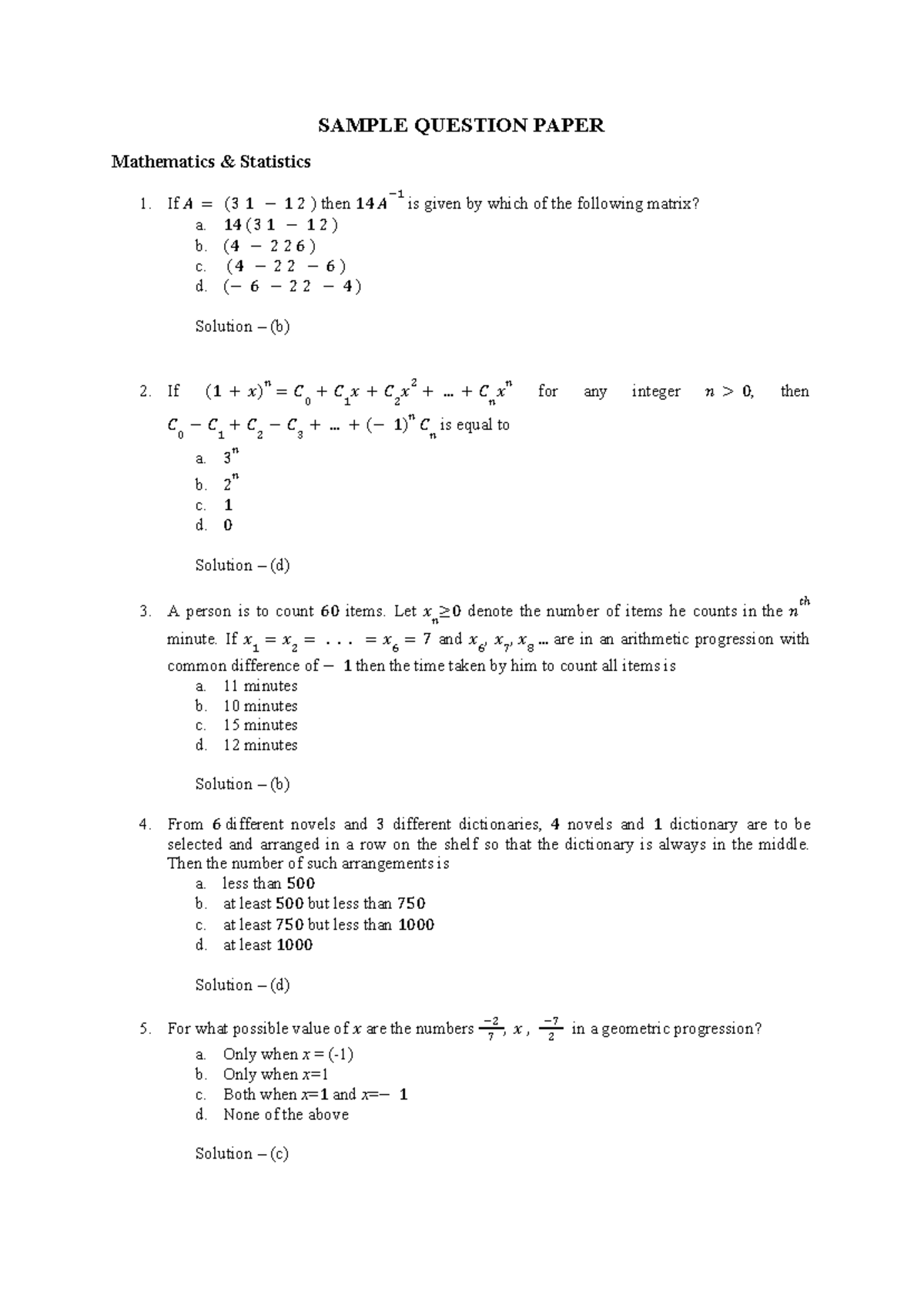 MSc Mathematics Statistics 1 Sample Question Paper 26 April 2023 - Studocu