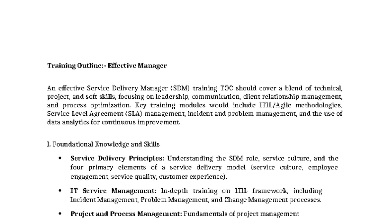 011 003 Effective Service Delivery Manager Training TOC - Studocu