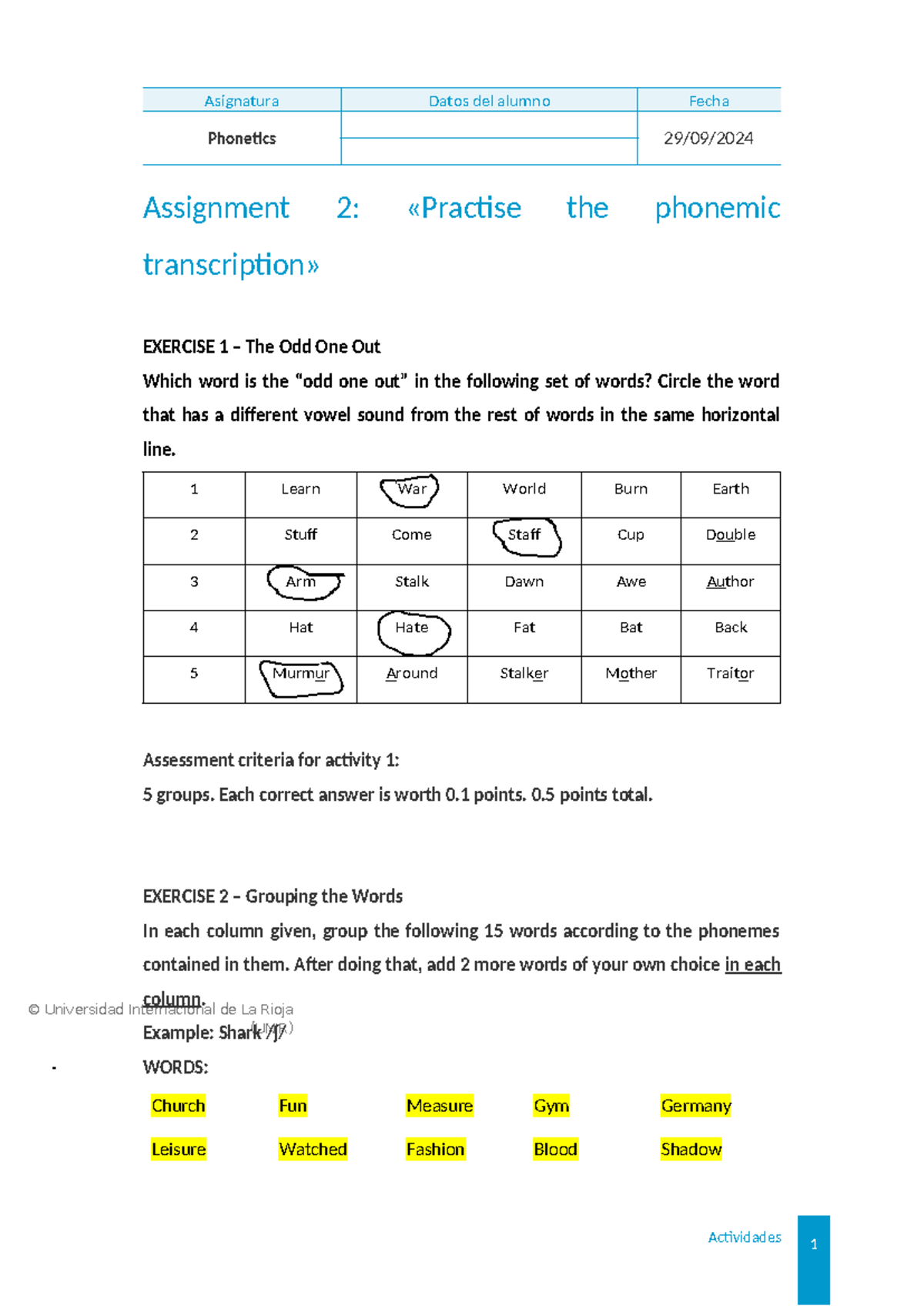 Assignment 2 Practise the phonemic transcription - © Universidad ...
