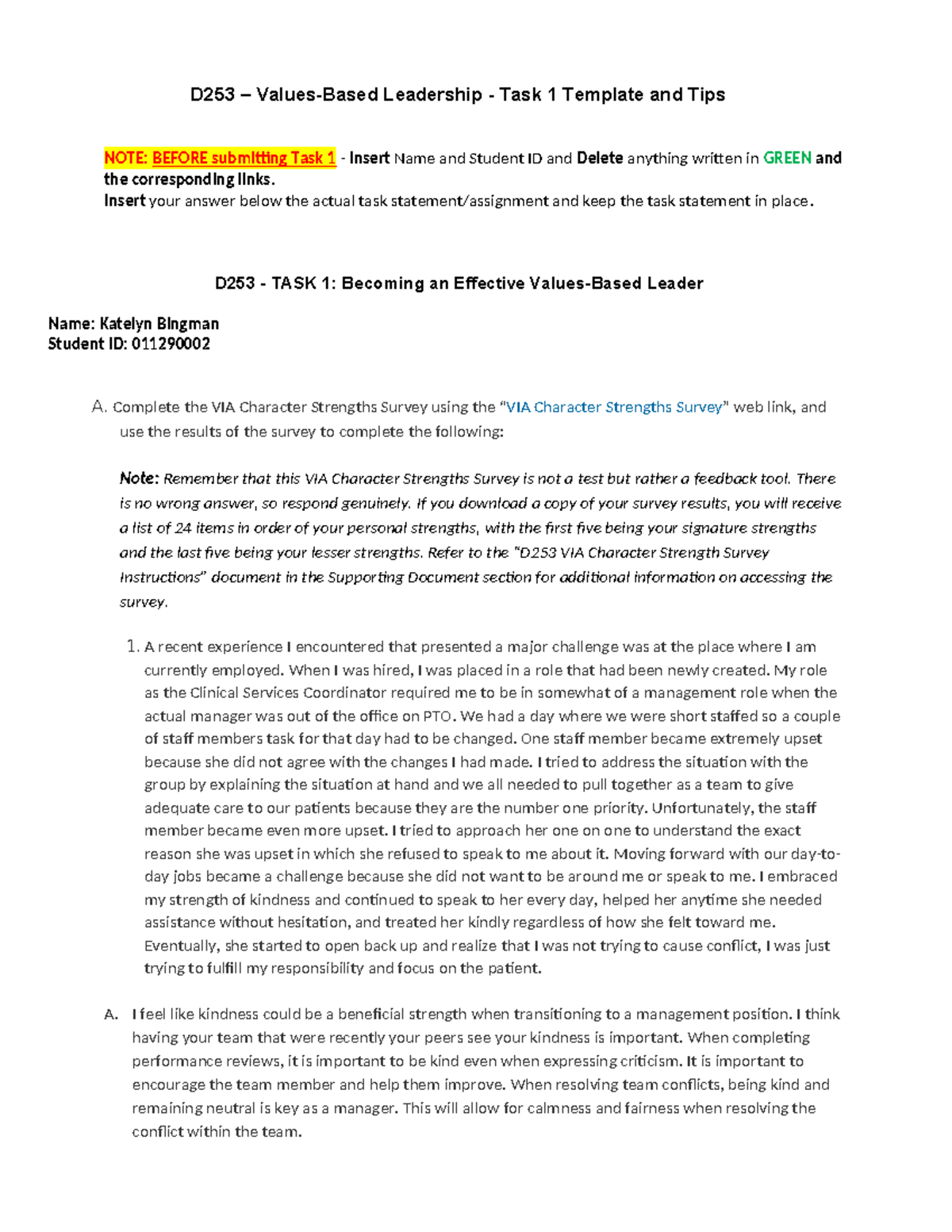 D253 Values-Based Leadership - Task 1 Insights and Reflections - Studocu