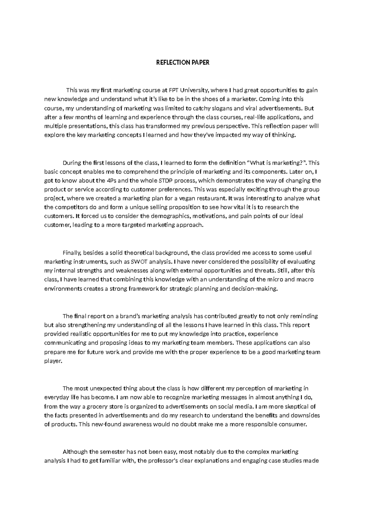 MKT101 - Individual Assignment: Reflection on Marketing Insights - Studocu