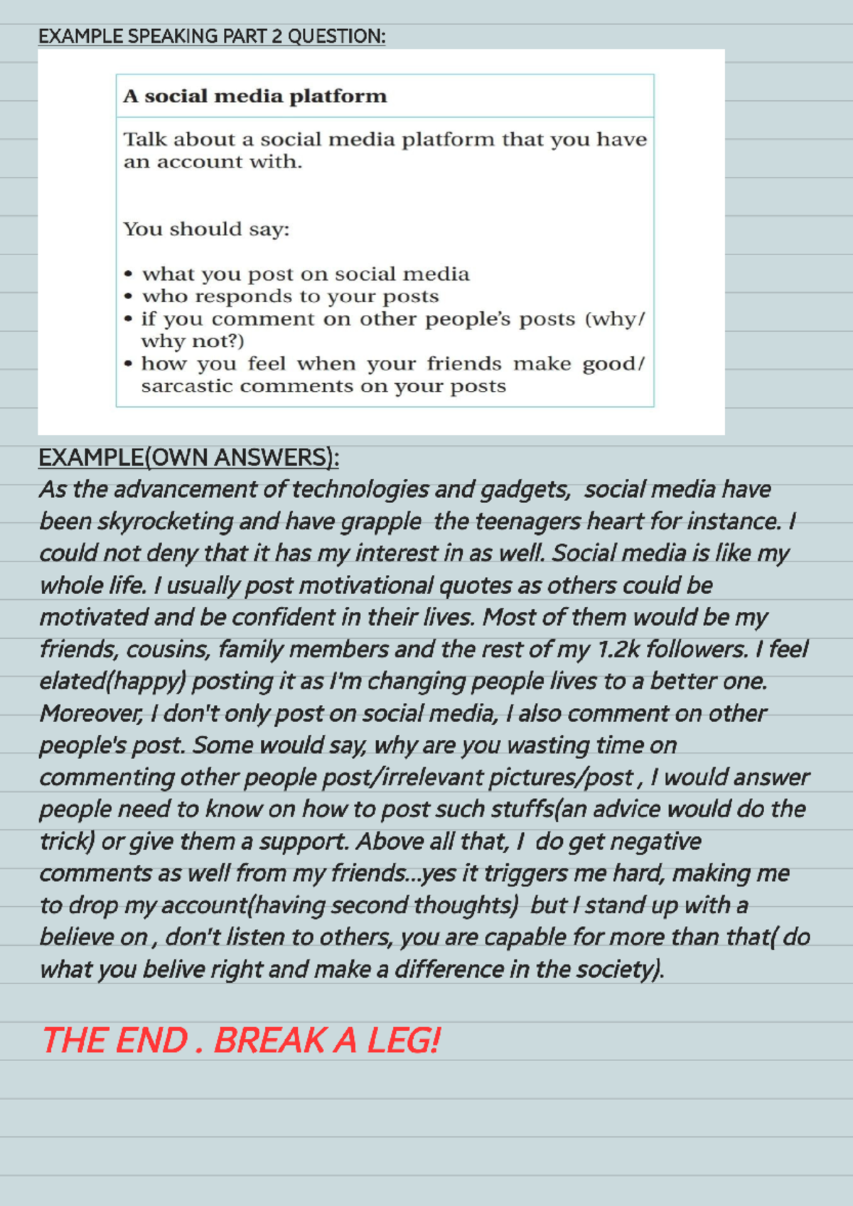Example English Speaking Q&A PART 2 221149 - EXAMPLE SPEAKING PART 2 ...