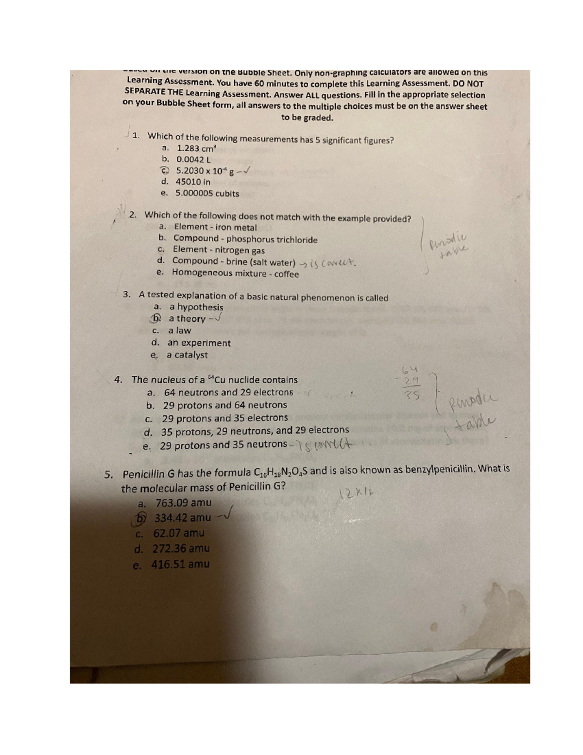 Chem 104 Learning Assessment 1: Multiple Choice Questions Guide - Studocu