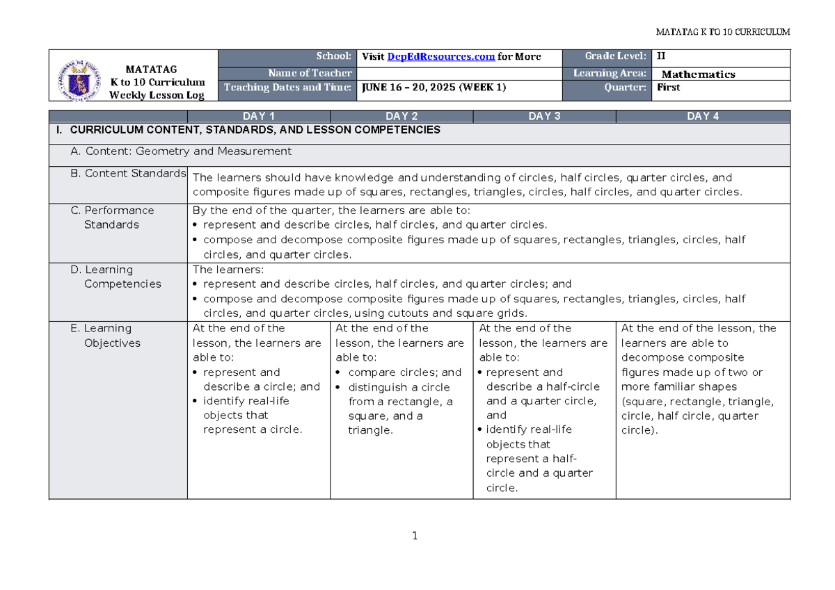 DLL Matatag K to 10 Math 2 Weekly Lesson Log (Q1 W1) - Studocu