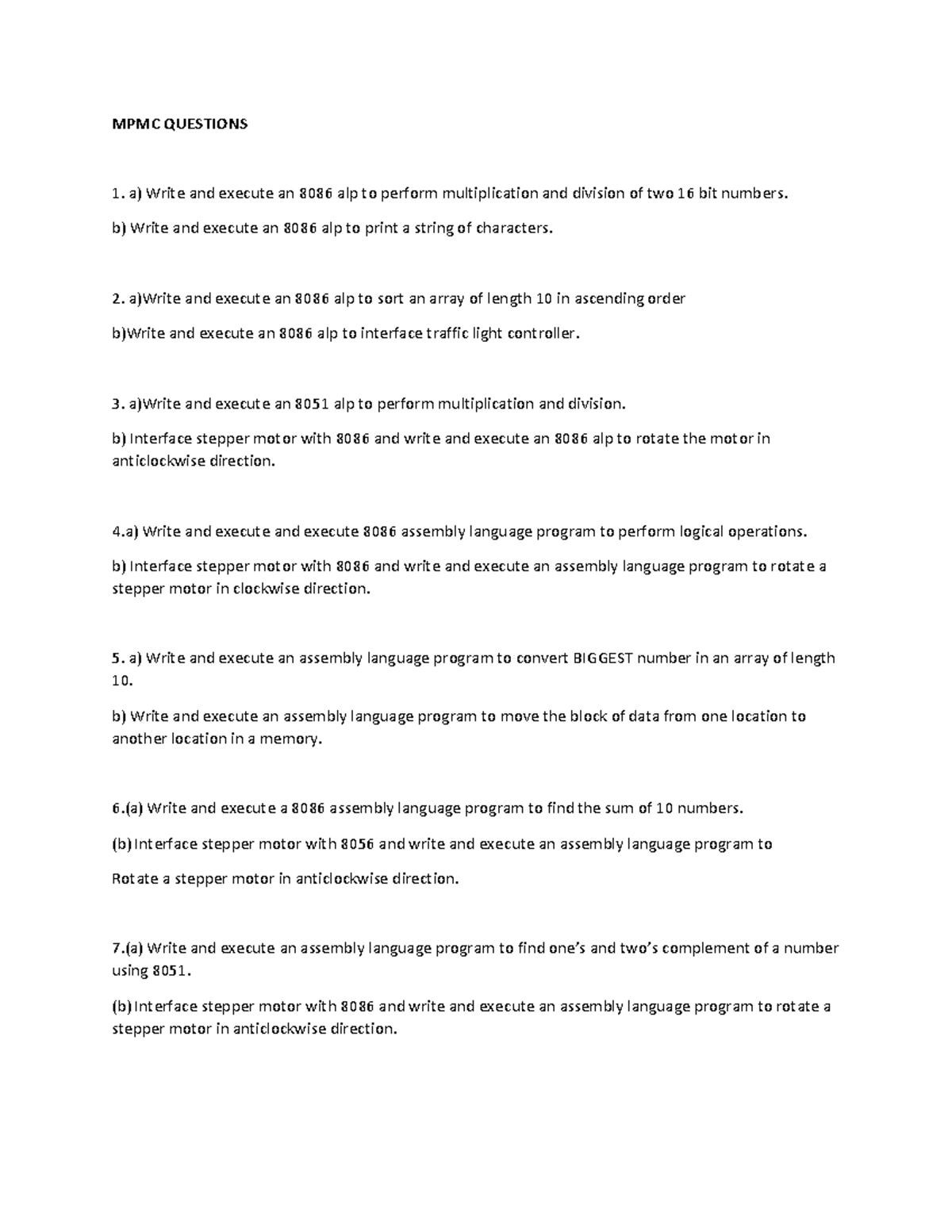 MPMC Question Set - ewew - MPMC QUESTIONS a) Write and execute an 8086 ...