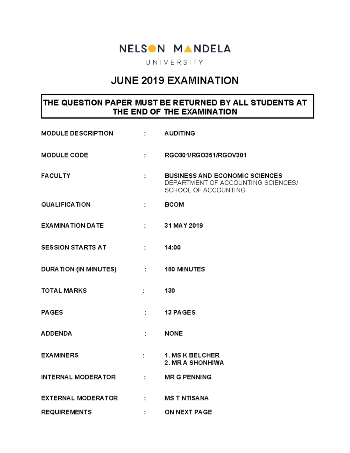 JUNE 2019 RGOV301 AUDITING FINAL EXAMINATION QUESTION PAPER - Studocu