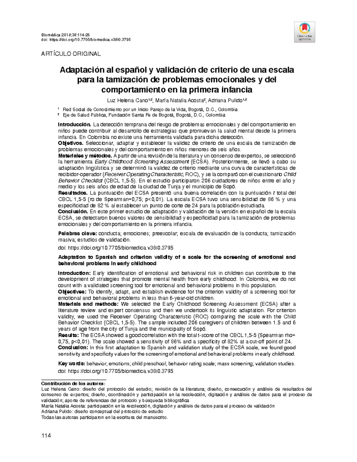 Adaptación y Validación de la Escala ECSA para Problemas Emocionales en ...