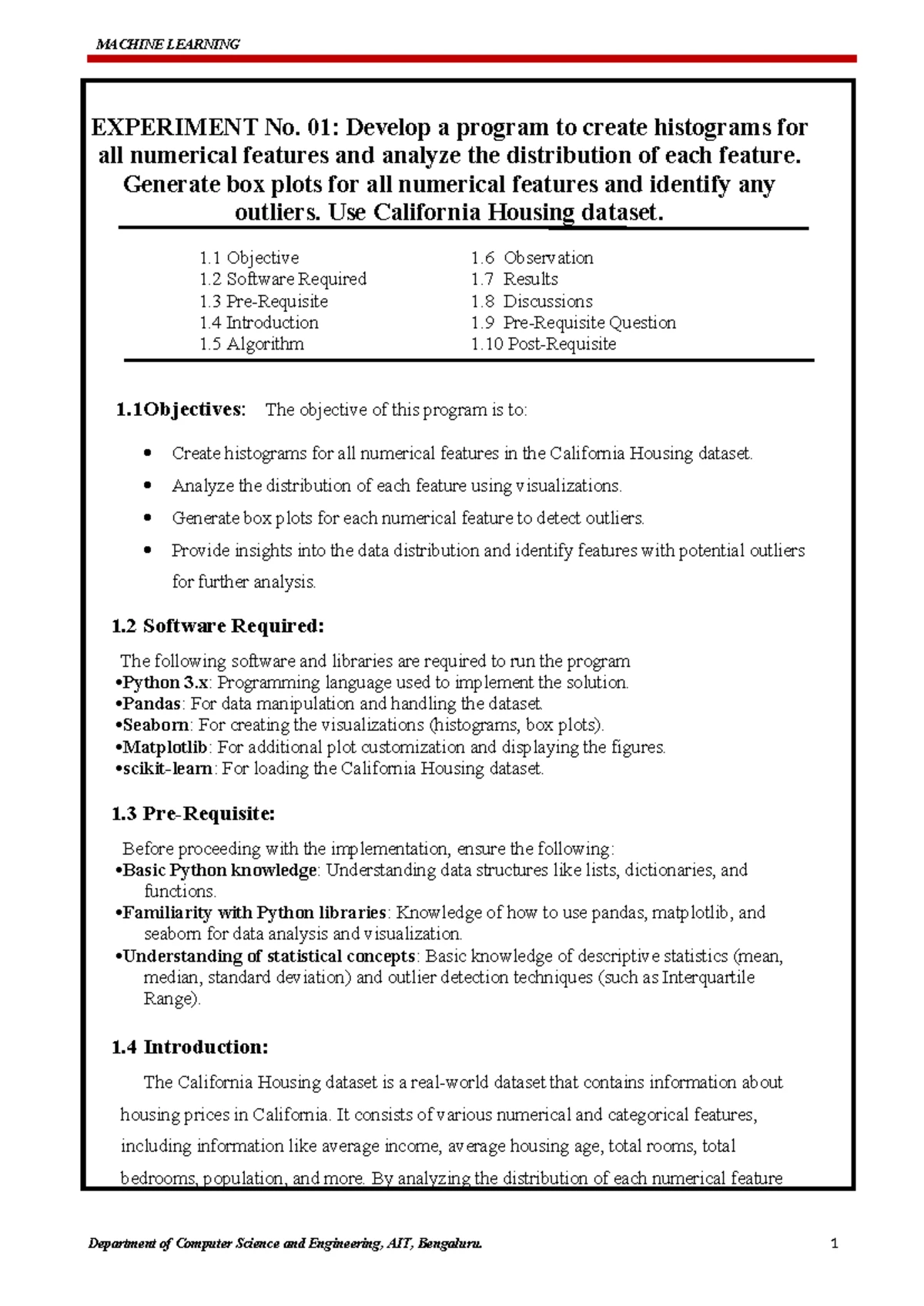 IA1 QP: Machine Learning Internal Assessment Test BCS602 - Sem VI - Studocu