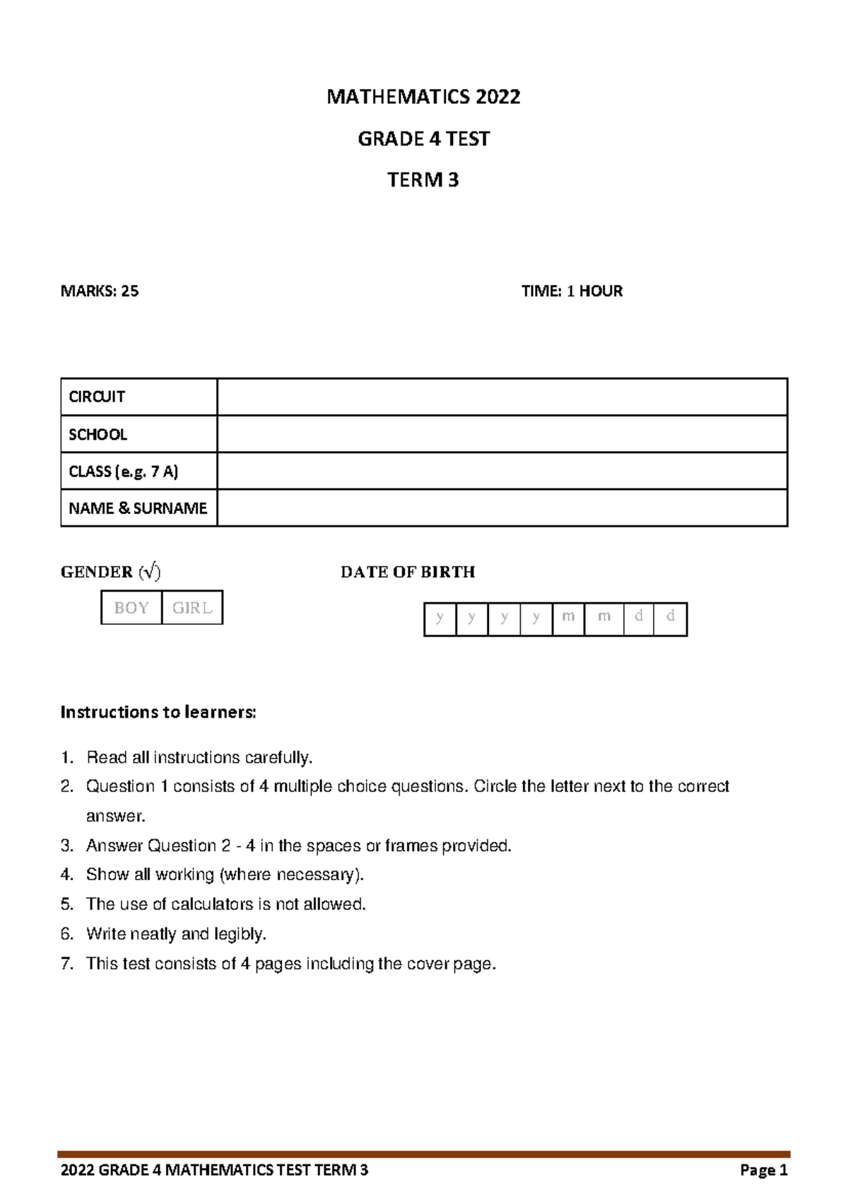 Grade 4 Mathematics Test Term 3 2022 - 1 Hour, 25 Marks - Studocu