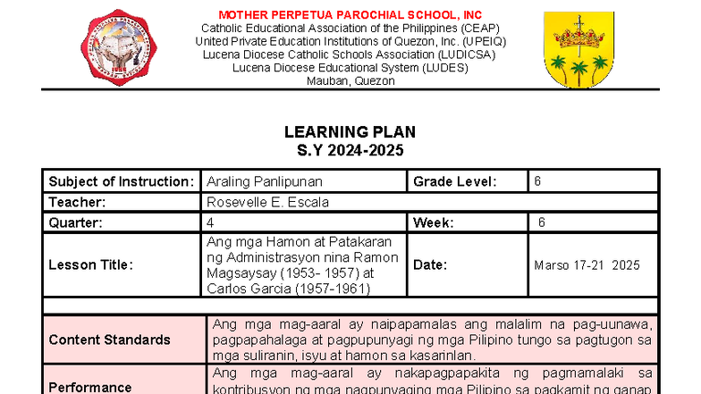 Grade 6 Araling Panlipunan Lesson Plan: Week 6 (S.Y. 2025) - Studocu