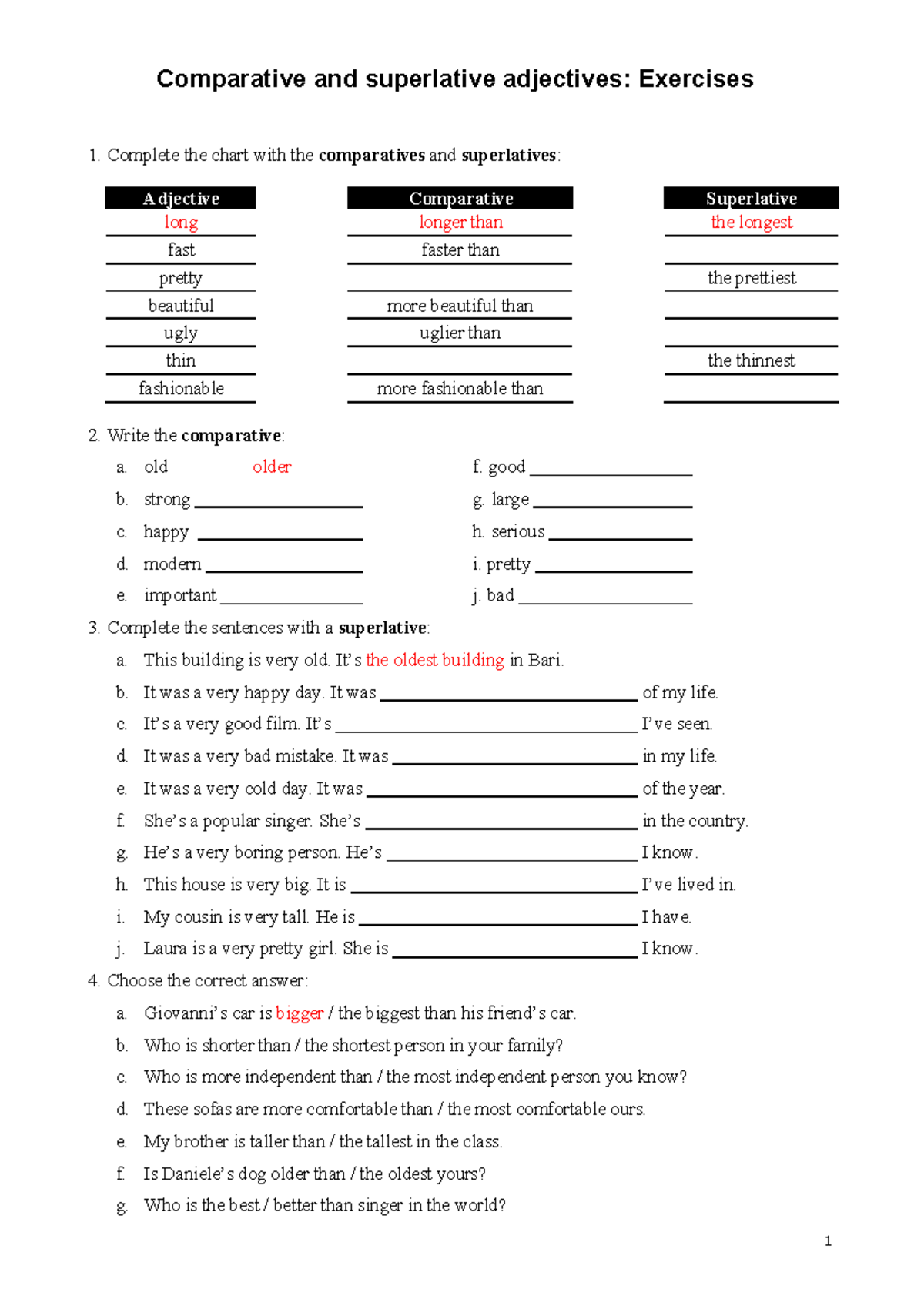 Bài tập về nhà 10:1 - Comparative and Superlative Adjectives Exercises ...