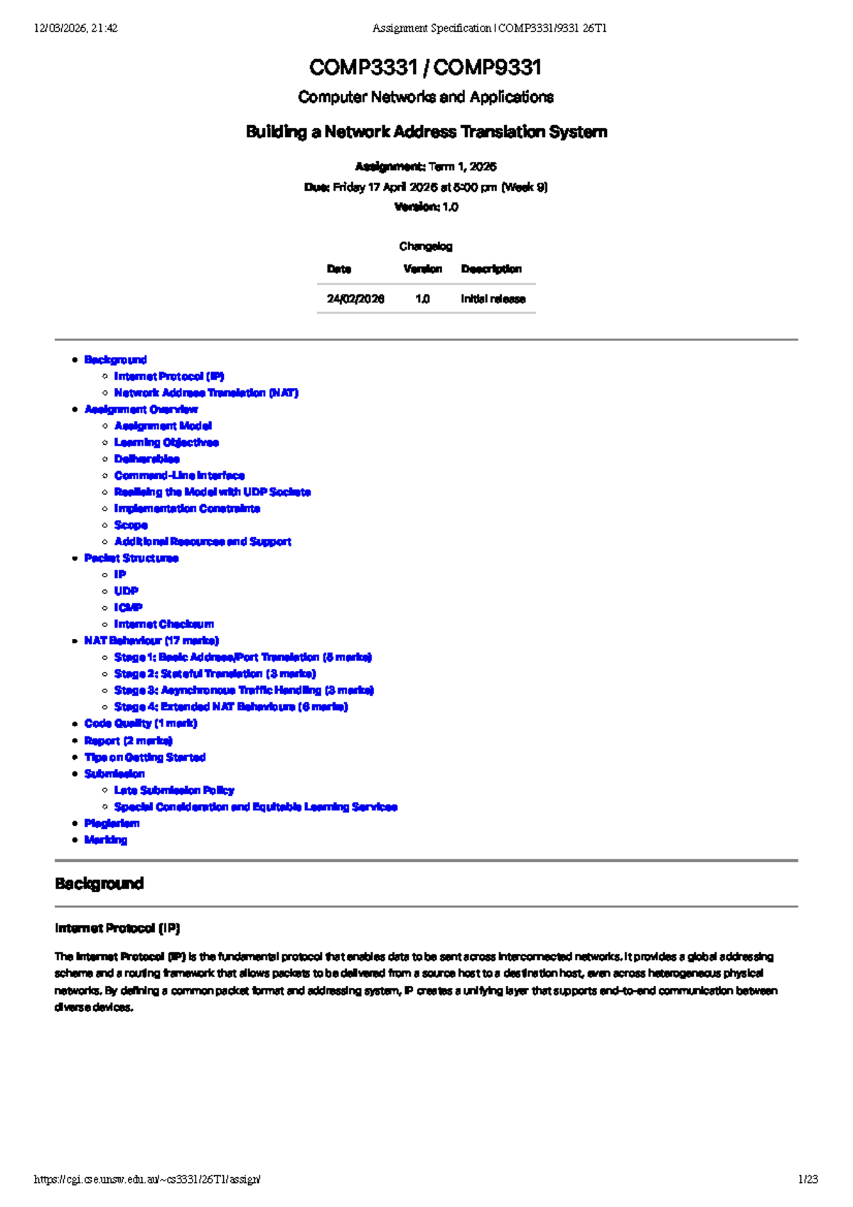 Assignment Specification COMP9331 26T1: Building a NAT System - Studocu