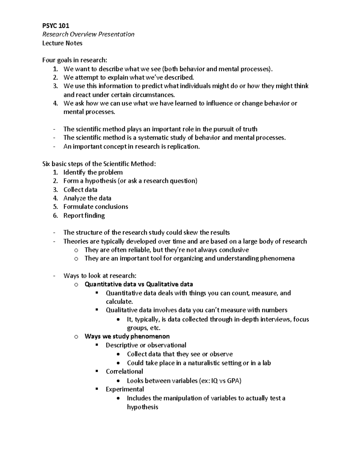 PSYC 101 - Research Overview: Lecture Notes - PSYC 101 Research ...