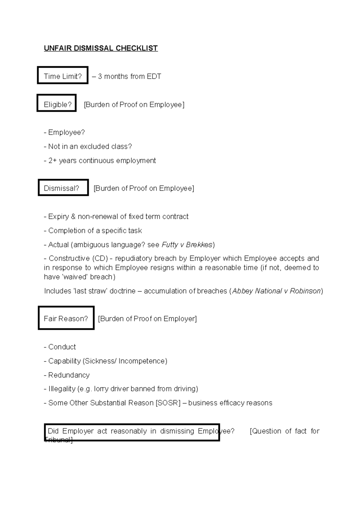 Unfair Dismissal Checklist: Key Considerations and Procedures - Studocu