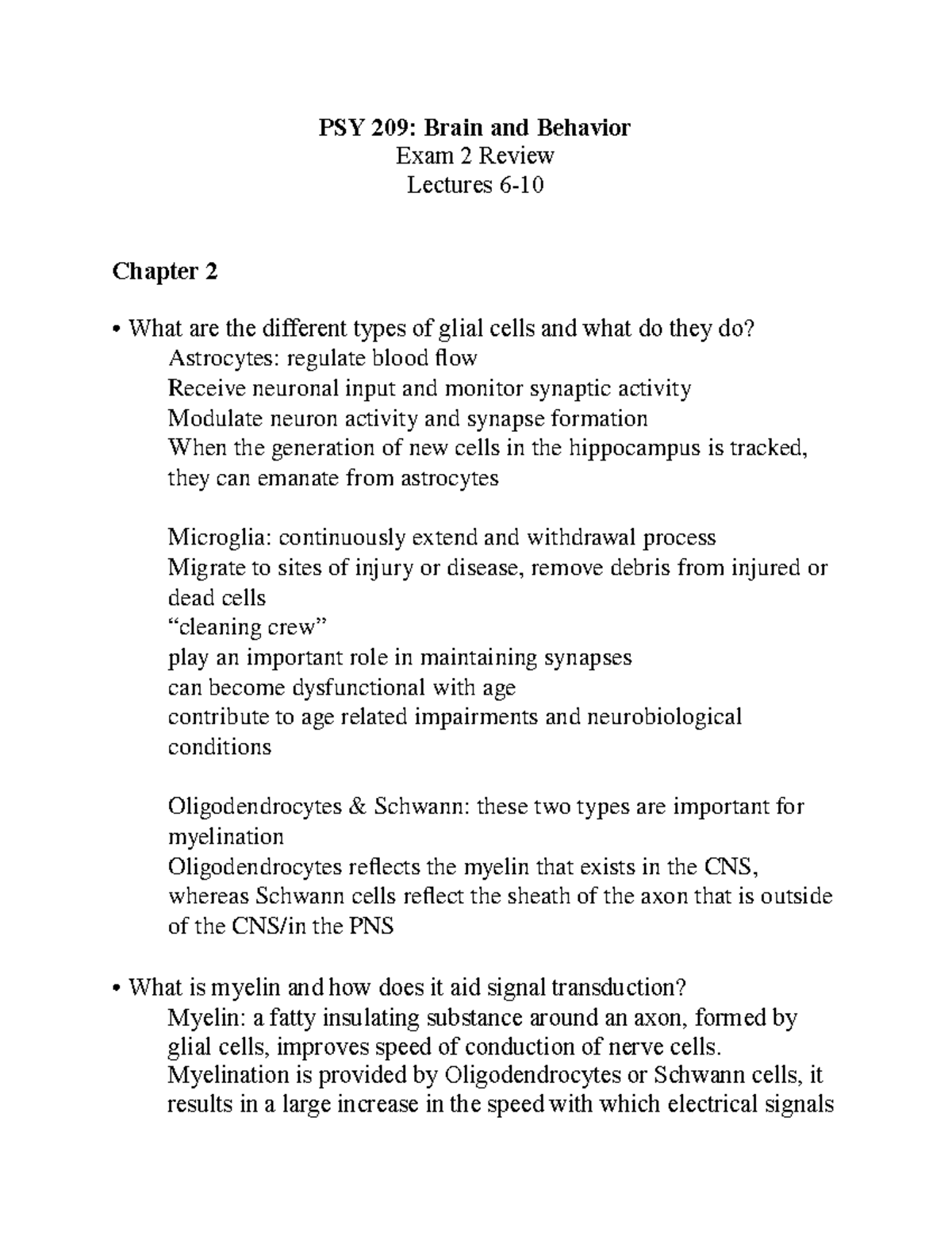 Psy 209 exam 2 study guide - PSY 209: Brain and Behavior Exam 2 Review ...