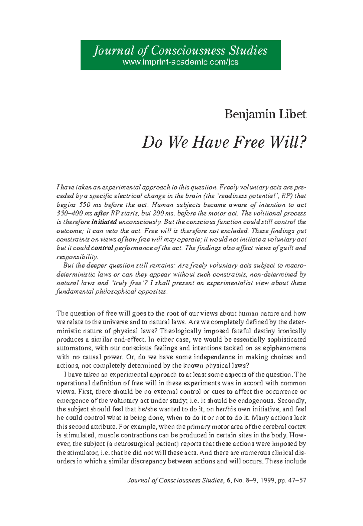 Do We Have Free Will? - An Experimental Study (JCS) - Studocu
