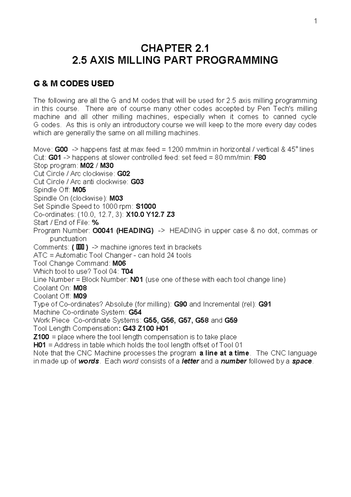 CH1 1 Mill Prog - MIE360S: G/M Codes for 2.5 Axis Milling - Studocu