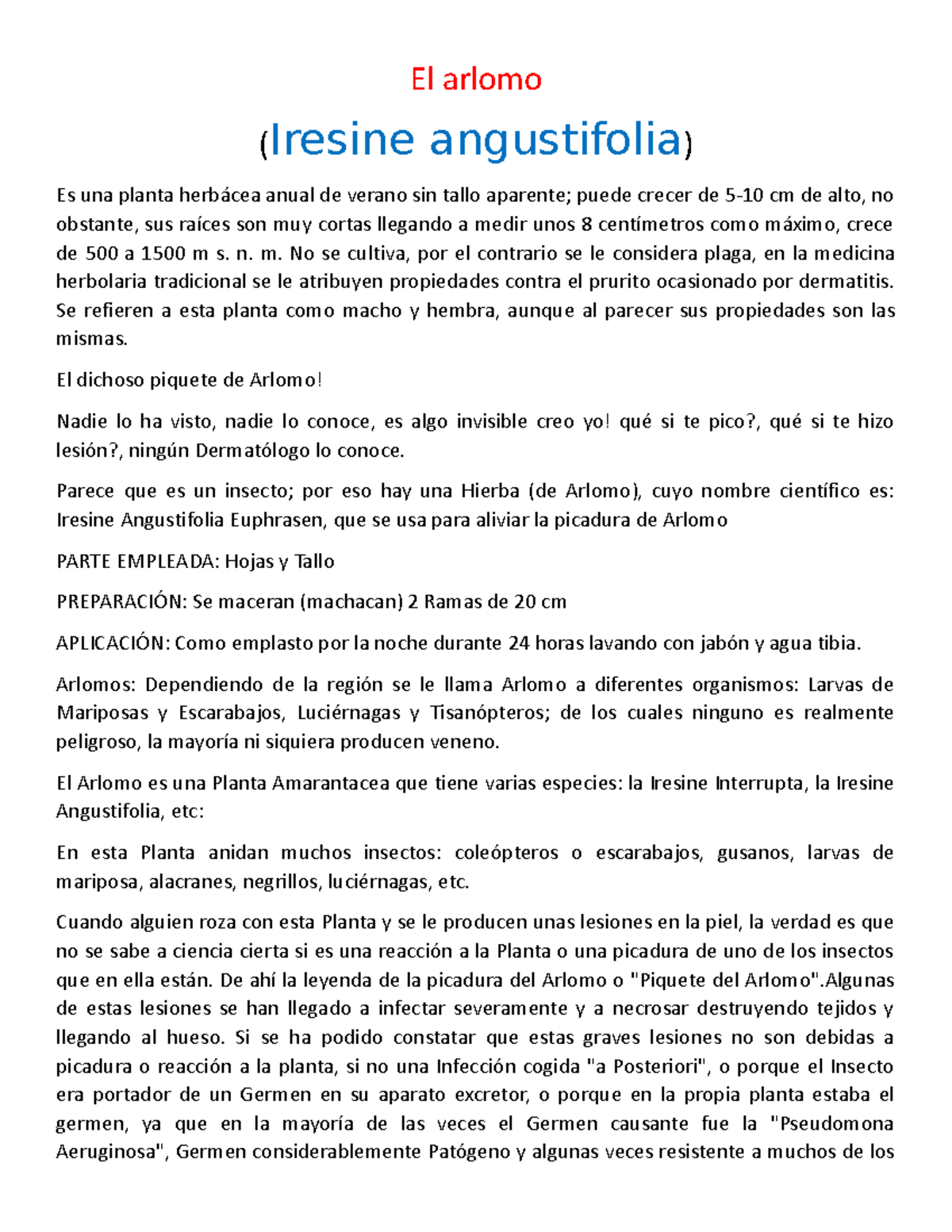 Estudio sobre el Arlomo (Iresine angustifolia) y sus efectos en la piel ...