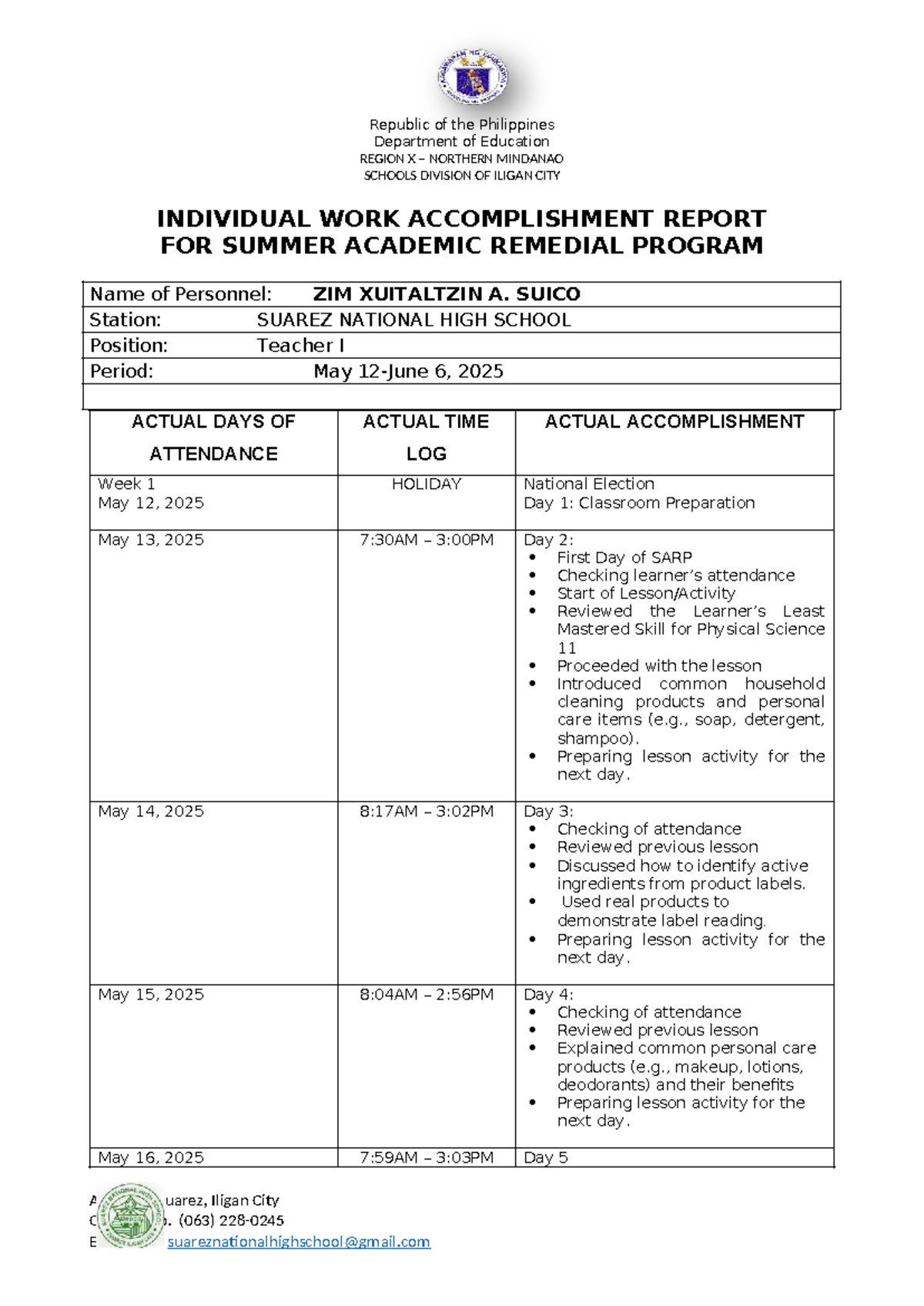SARP Individual Work Accomplishment Report - Zim Suico - Studocu