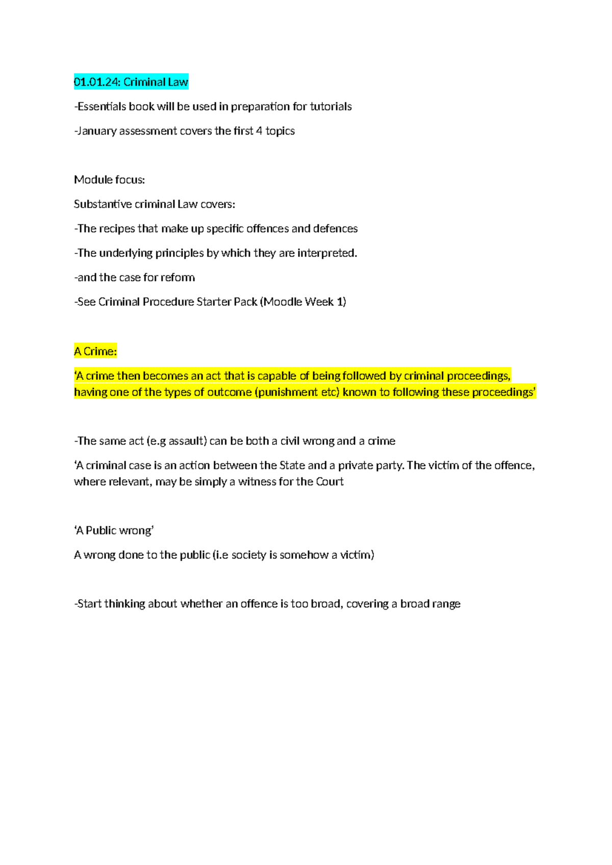Basics and Introduction to Criminal Law lecture notes - 01.01: Criminal ...