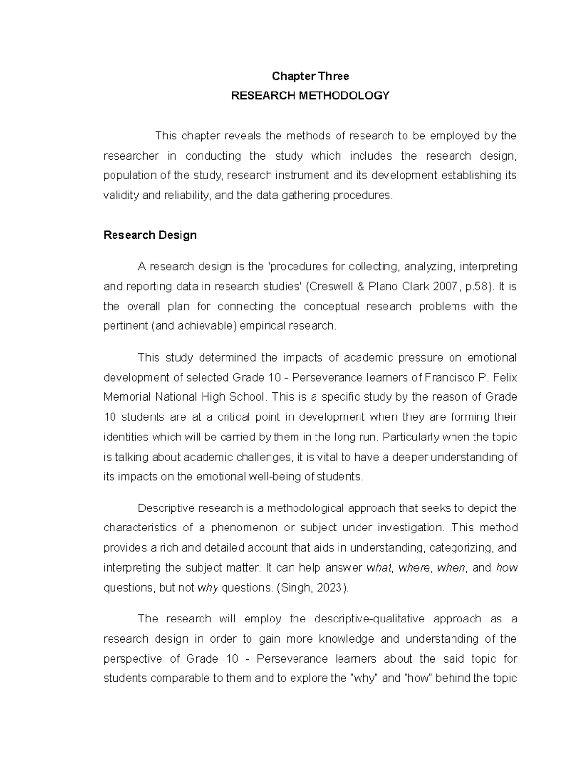 Chapter 3: Research Methodology on Academic Pressure Effects (G10-Narra ...