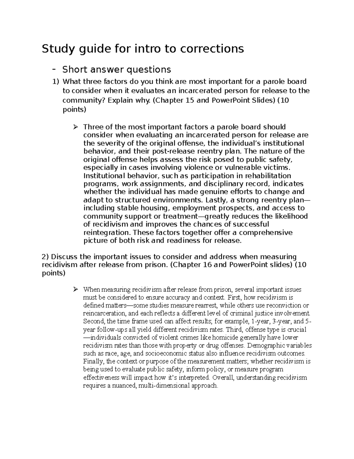 Final Exam Study Guide: Corrections and Parole Challenges (Course Code ...