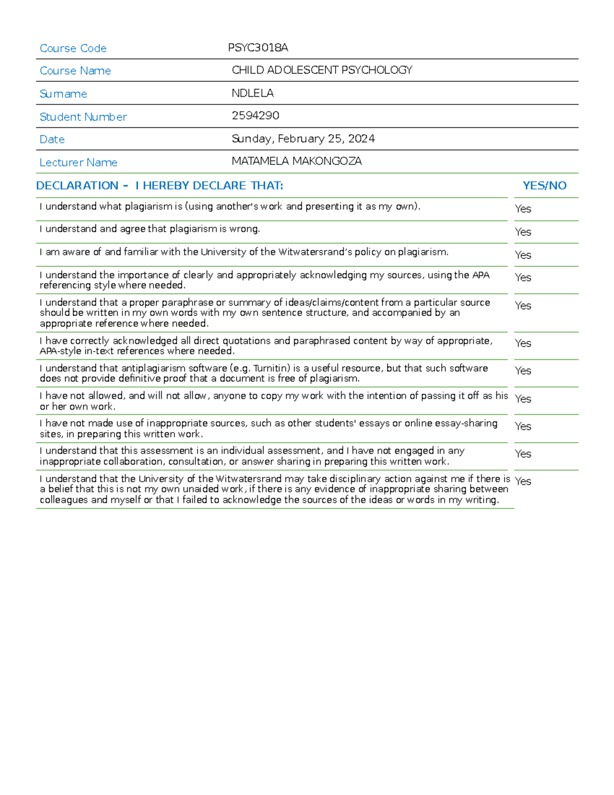 PSYC3018A Plagiarism Declaration Form for Child Psychology 2024 - Studocu