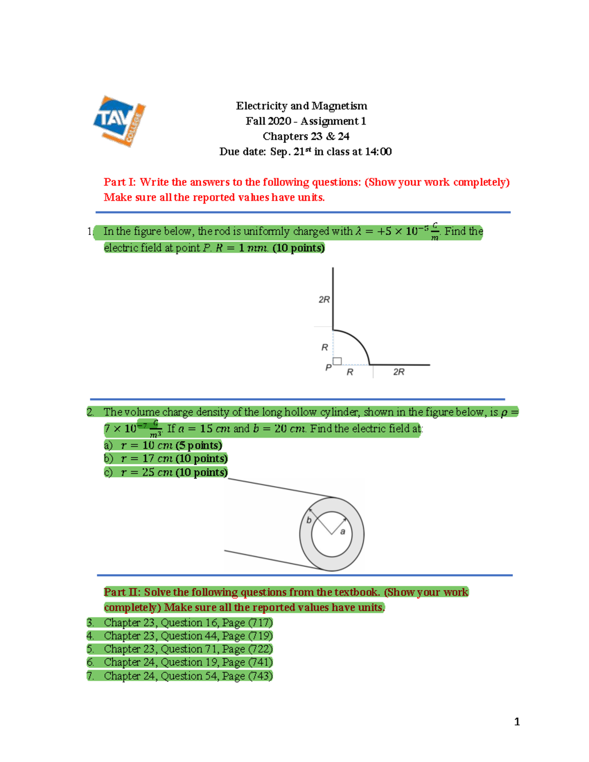 Electricity and Magnetism PHYS 1010 Fall 2020 Assignment 1 - Studocu