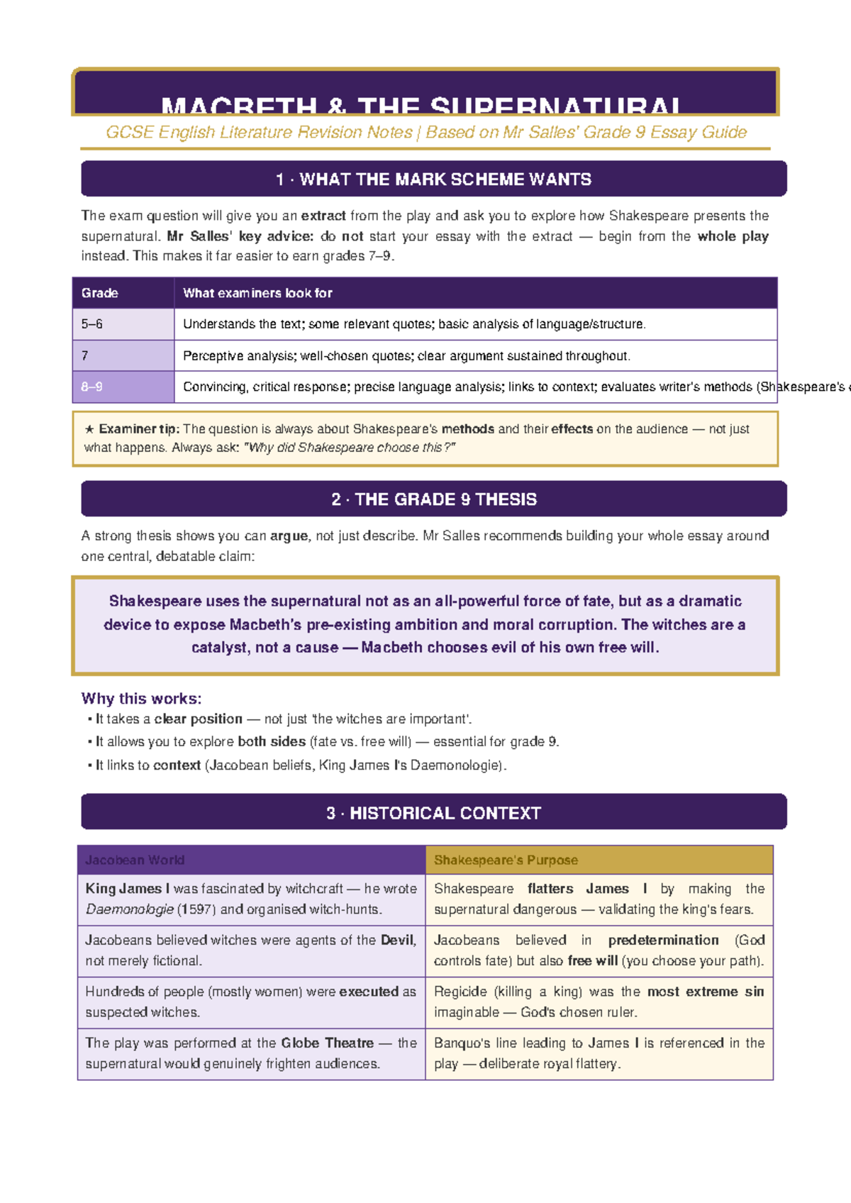 Macbeth Supernatural GCSE Revision Notes: Grade 9 Essay Guide - Studocu